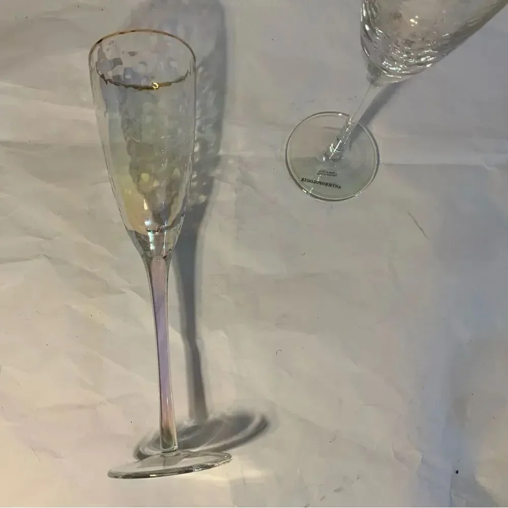 New Anthropologie Hand Blown Iridescent Wine Glasses with Gold Rim Set of 2 A10